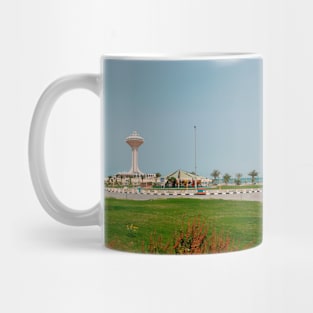 Lighthouse near blue ocean and green park with palm Mug